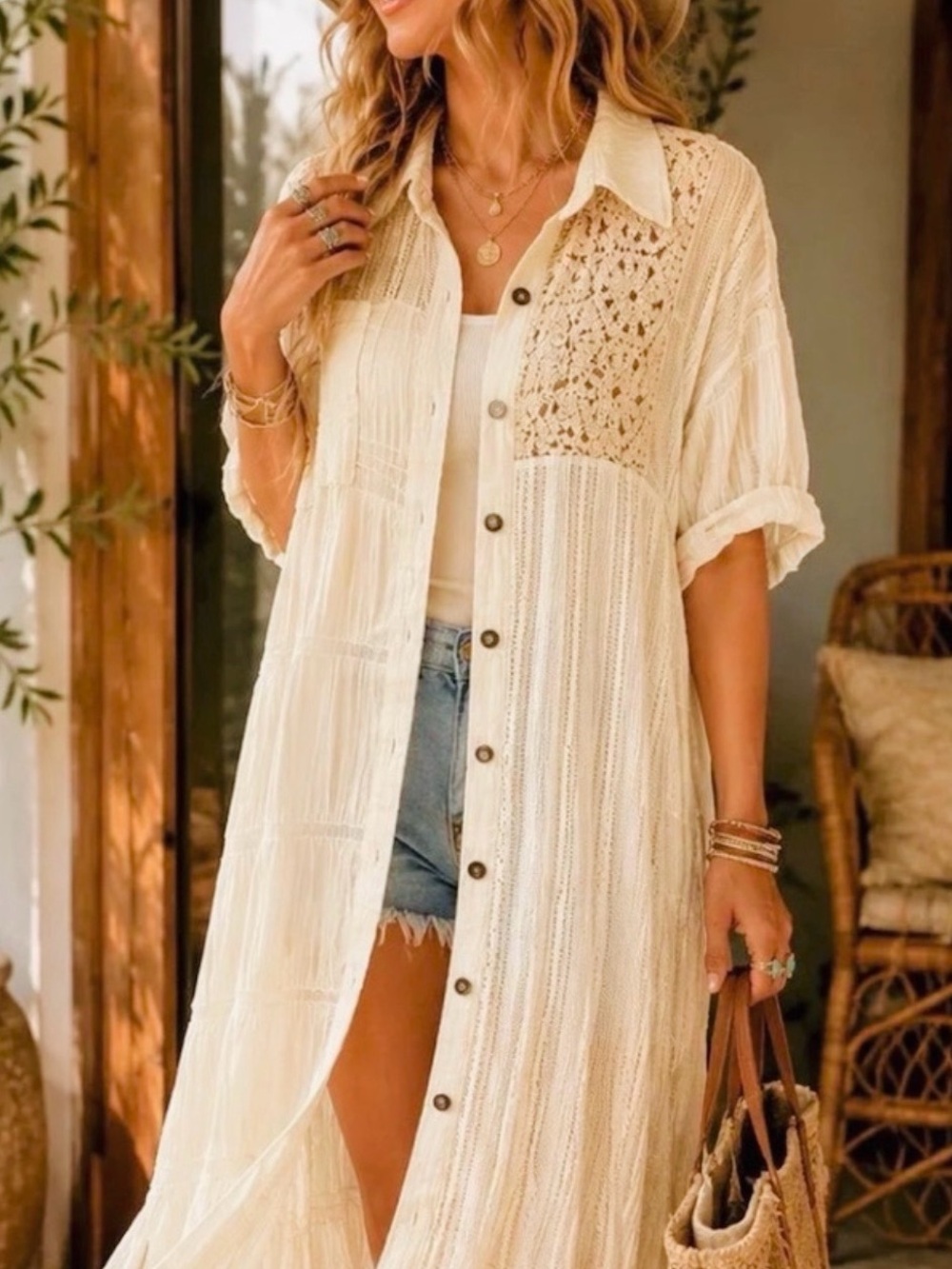 POL patchwork lace midi shirt dress